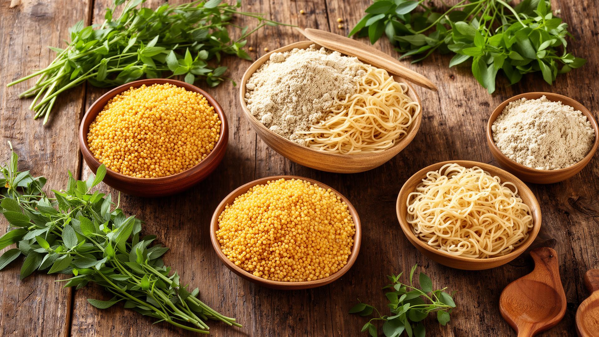 Bowls of golden millets, ragi noodles and flour — Dharthi Foods, Hyderabad