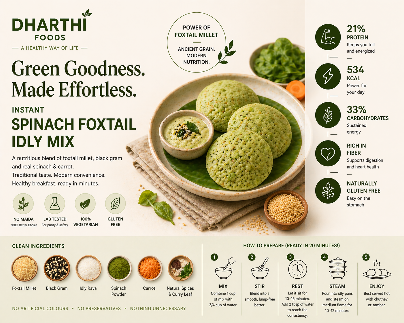 Dharthi Foods Instant Spinach Foxtail Idly Mix